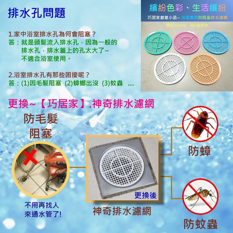 巧居家 神奇排水 浴室專用防毛髮阻塞排水濾網蓋方形 排水口 排水孔 排水孔蓋 防蟑 防蟲 防阻塞 落水頭 蝦皮購物