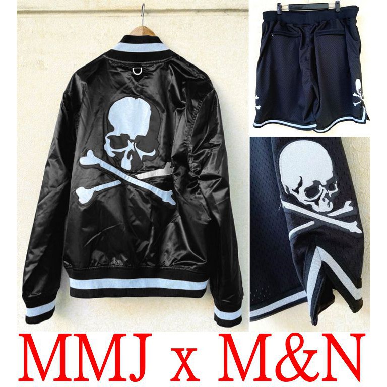 BLACK全新MASTERMIND JAPAN x Mitchell &amp; Ness刺繡骷髏銀黑M&amp;N棒球外套MMJ夾克