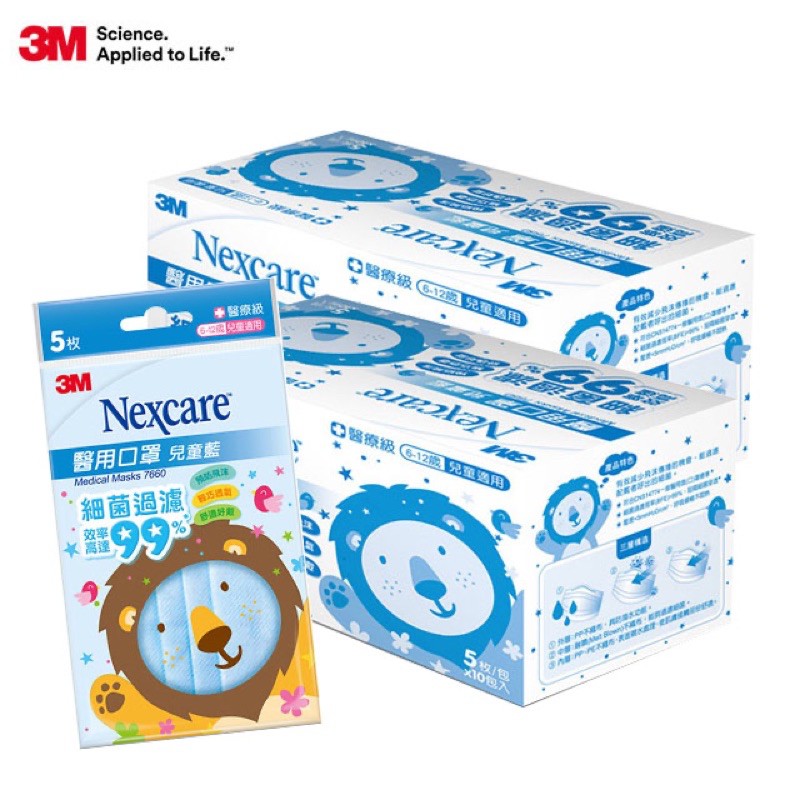 3M Nexcare 醫 用口罩 (未滅菌)(5片x10包)-粉藍-兒童適用