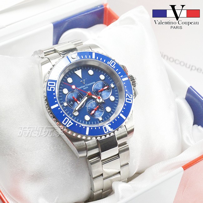 valentino coupeau范倫鐵諾 夜光時刻 不鏽鋼 V61589三眼藍 防水手錶 男錶 潛水錶 水鬼 石英錶