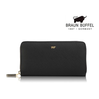 【寧寧精品】台中35年皮件店 BRAUN BUFFEL 小金牛真皮單拉鍊長夾 經典黑 BF667-602-1 女長夾
