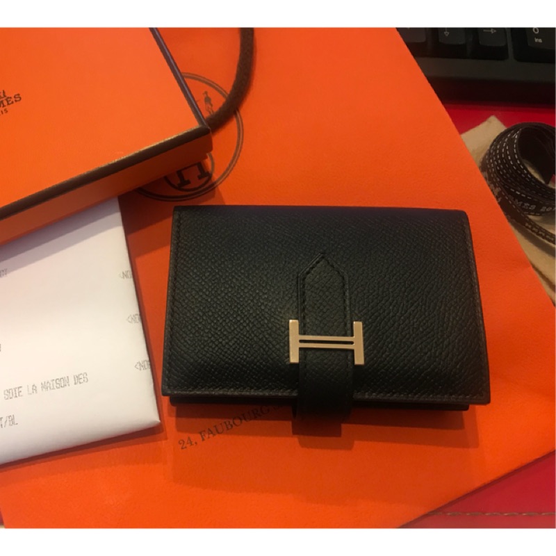 真品 Hermes Bearn mini wallet 黑色金釦 信用卡夾 短夾 零錢包