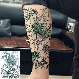 割線花臂小腿紋身貼鯉魚黑魚防水紋身貼紙男女線條持久仿真刺青 蝦皮購物