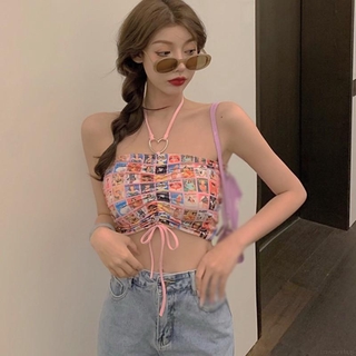 🌱Comeandbuy🙋小清新印花掛脖小可愛女 夏季外穿抽繩背心 性感短版上衣 內搭打底衫潮