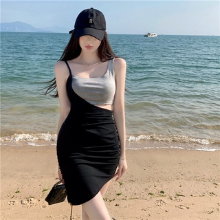 中國辣妹性感露腰顯瘦設計感撞色拼接緊身吊帶洋裝夏季新款