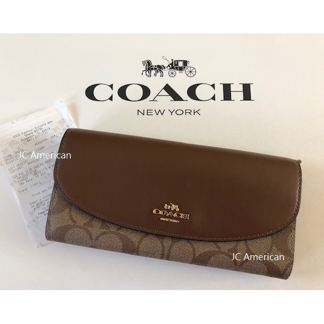 【美國JC】COACH 54022 馬車系列 C logo 卡其+咖啡（駝色）皮革 釦式 長夾/皮夾(送紙盒) ~現貨
