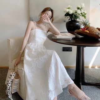 台灣公司❤️開發票 氣質珍珠吊帶連衣裙 巴黎時尚白色提花 法國風 洋裝 仙氣甜美裙子 白色長裙 婚宴服 喜慶 女生衣服