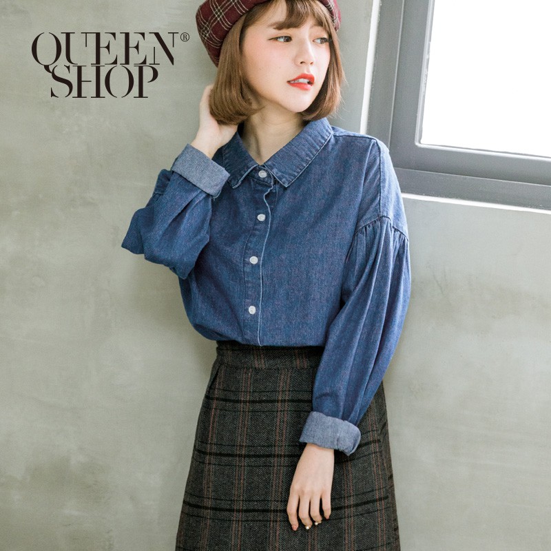 QUEENSHOP【01022876 】抽皺荷葉袖牛仔襯衫＊預購＊