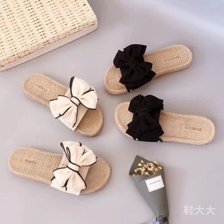 拖鞋女夏時尚蝴蝶結平底外穿百搭一字花朵涼拖女鞋