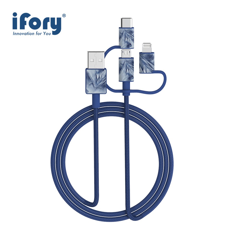 【iFory】USB-A to MicroB+Lightning+Type-C 三合一 編織充電/傳輸線 蘋果MFi認證