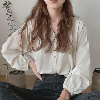 長袖襯衫女春季2021新款復古百搭洋氣襯衣港風圓領寬松學生上衣潮