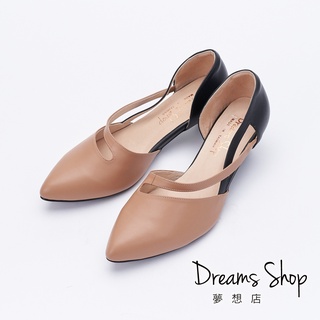 DREAMS SHOP 寬楦 MIT真皮拼色側空尖頭低跟鞋 橙色【XJ130-67】大尺碼女鞋37-45
