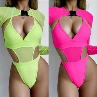 溫泉比基尼歐美性感粉色綠色蕾絲拼接連身鏤空長袖扣蓋Bikini泳衣套裝
