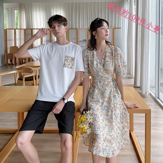 【COUPLE】情侶❗❗裝設計感法式復古碎花連衣裙夏天裙子短袖男T恤