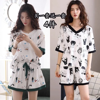 Jru 睡衣 居家服 女裝 【買一送一】睡衣女 夏可愛韓版清新短袖套裝 學生可外穿寬松家居服