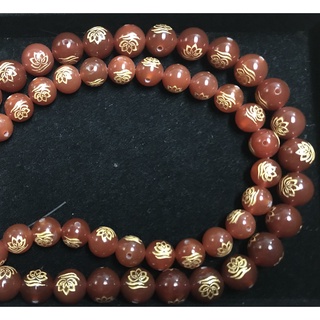 現貨紅瑪瑙刻金蓮花三洞圓珠15mm（一顆50元）、10mm（一顆30元）、8mm（一顆20元）