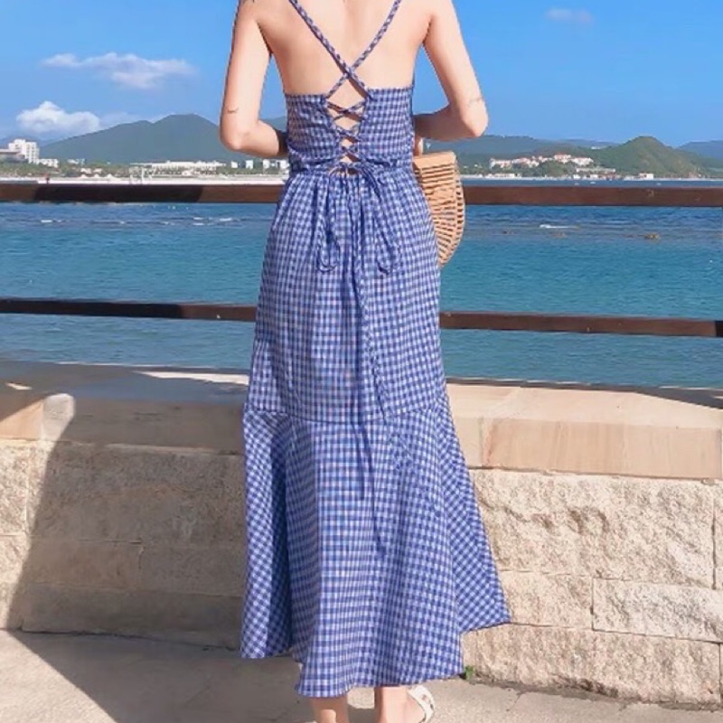 全新🌟波希米亞甜美藍格紋露背綁帶洋裝