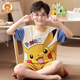 男童睡衣 兒童居家服 男童睡衣夏短袖純棉男孩子家居服薄款小中大童兒童套裝皮卡丘童裝