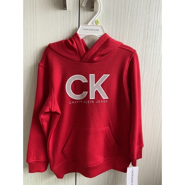 Calvin Klein小男童帽T套裝-4T(紅衣+灰褲）