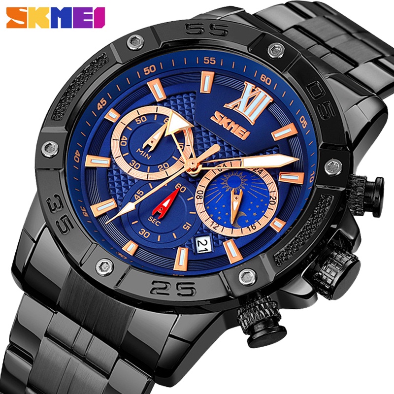 Skmei 頂級品牌奢華時尚休閒石英日期月相顯示防水商務時鐘不銹鋼男士手錶