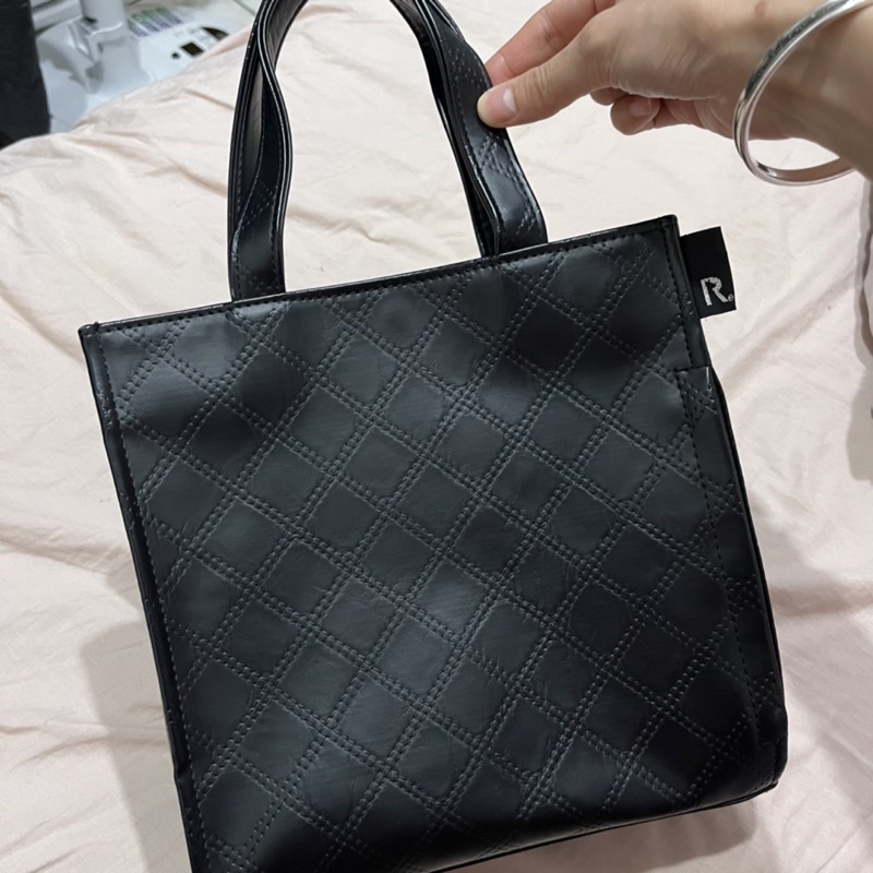 日本 Rootote 質感 黑色皮革 經典格紋 磁吸式 手提包