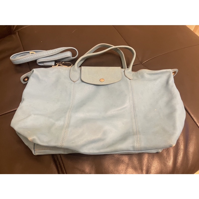 ❤️Longchamp Le Pliage Cuir 系列薄霧藍小羊皮短把折疊包❤️二手