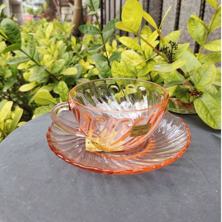 老木青|全新🇨🇵法國arcoroc淡橘透明玻璃杯盤組 咖啡杯組 復古餐具 早期收藏品