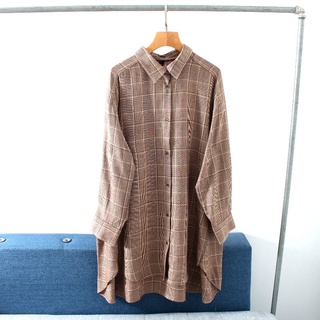 日本大地色系千鳥格細紋長袖長版襯衫外套
