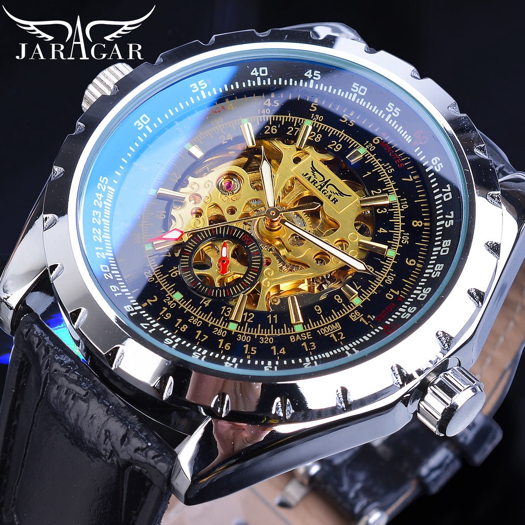 Jaragar Golden Skeleton 男士手錶自動上鍊銀色表圈機械運動皮革錶帶手腕 Relogio 男時鐘 S