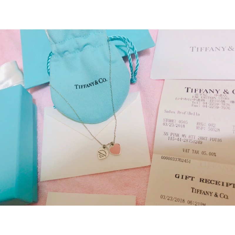 【保證真品】 TIFFANY &amp; Co. 純銀琺瑯雙愛心項鍊 粉色 含盒袋購證