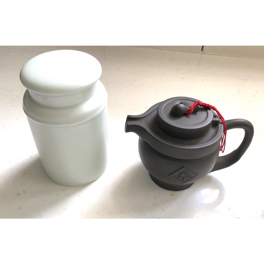 【滿月圓】石磨 石臼造型 高級茶壼 茶具  泡茶者必備首選+ 【三希】陶瓷 密封茶葉罐
