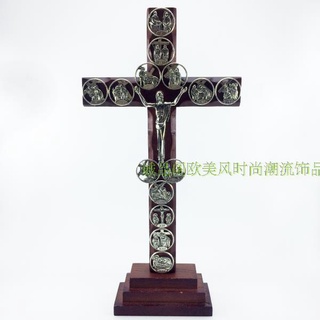 ❤as86❤包郵義大利實木嵌鋅合金十四處苦路浮雕像站立壁掛兩用十字架擺件