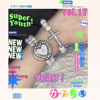 Y2k Hot Girl Cross 綠松石彈性深色手鍊和心形鑽石仿珍珠手錶手鍊迪斯科
