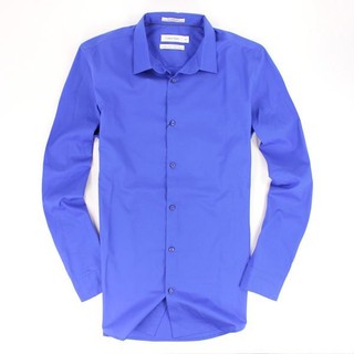 美國百分百【Calvin Klein】襯衫 CK 上衣 長袖 寶藍 素面 上班 休閒 萊卡 男 S M C615