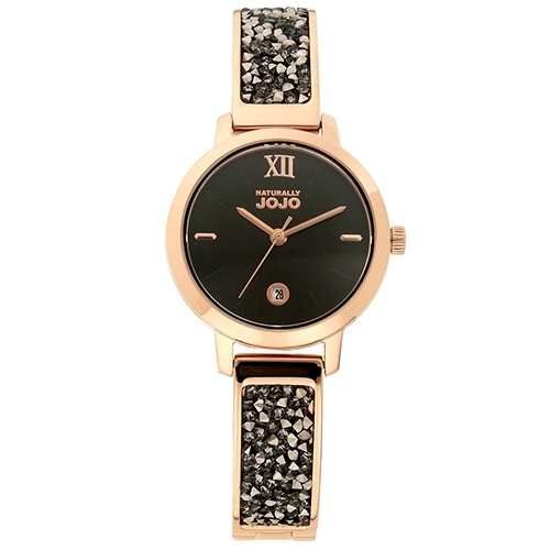 NATURALLY JOJO貴婦奢華晶鑽手環式錶帶藍寶石鏡面腕錶(黑面）30mm_ JO96942-88R