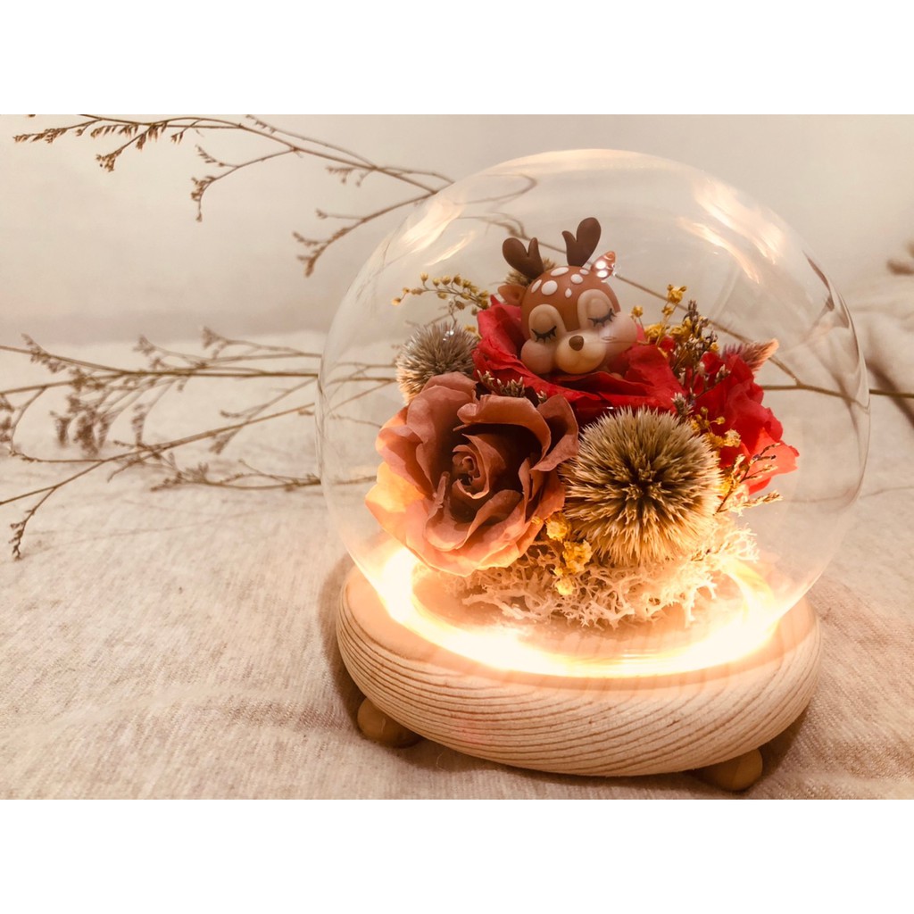 聖誕禮物 永生玻璃罩-麋鹿款 永生花/不凋花/乾燥花/微景觀/小夜燈