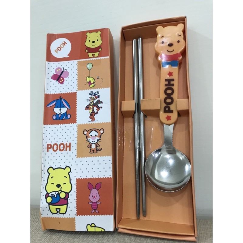 小熊維尼 卡通不鏽鋼筷子湯匙餐具套裝 環保攜式餐具套裝 POOH 全新 現貨