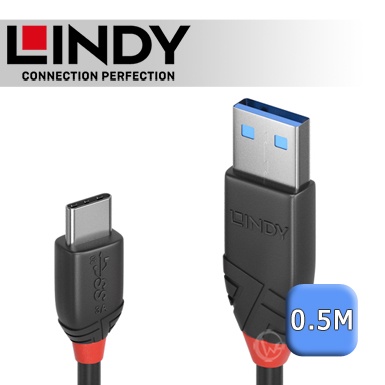 LINDY 林帝 Black USB3.2 Gen 2 Type-C/公 to A/公 傳輸線 0.5m (36915)