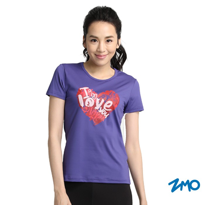 【ZMO】女圓領印圖短袖衫-深紫愛心圖