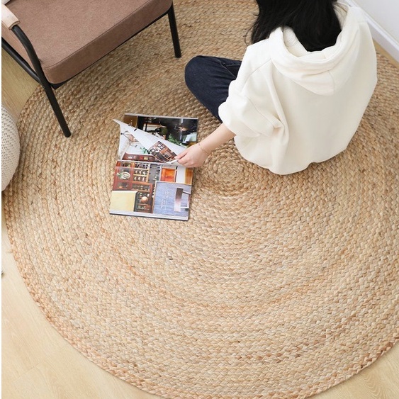 書房兒童房地毯菲爾臥室粗麻黃麻客廳床邊毯編織圓形茶幾手工自然 WWJB
