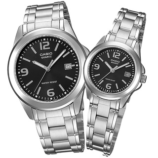 CASIO 卡西歐 / 簡潔設計 數字刻度 不鏽鋼手錶 情侶對錶 黑色 / 38mm+27mm