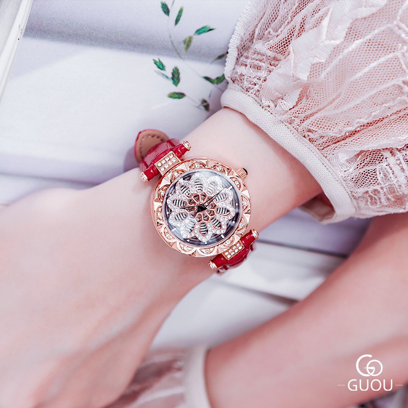 古歐 GUOU 6607 手錶 女款真皮錶帶外貿手錶時來運轉花瓣型表GUOU石英表