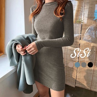 SISI【D9086】秋冬韓國火辣性感女神基本單品小高領圓領長袖針織包臀顯胸曲線洋裝連身裙打底裙短裙
