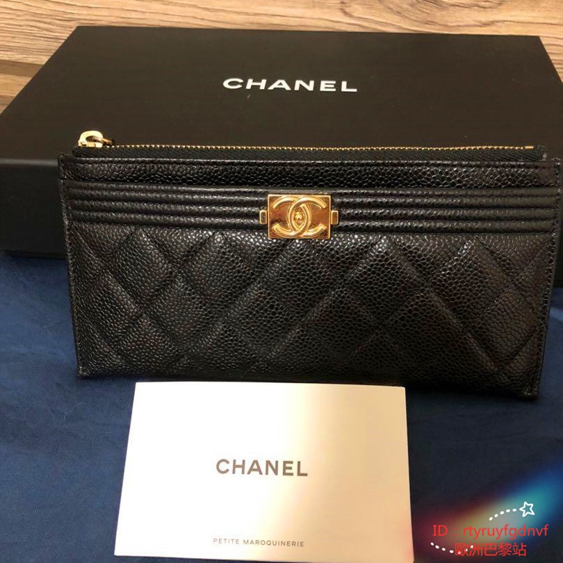 專櫃真品chanel Boy 扁長夾黑色菱格紋荔枝紋金釦錢包手拿包a 蝦皮購物