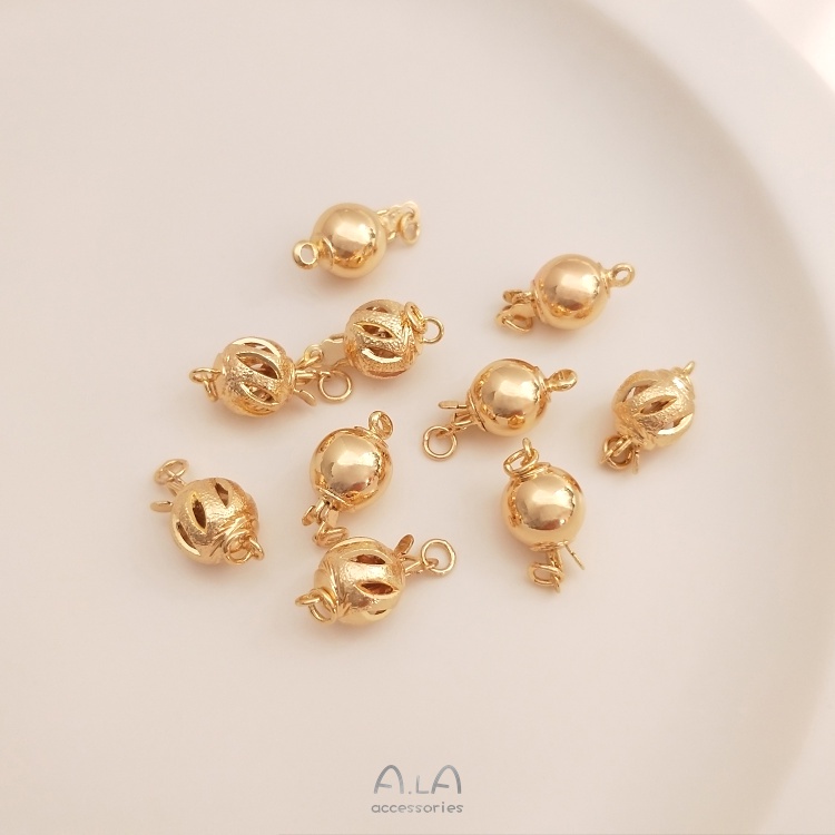 Ala0108-(銅制品）-珍珠項鏈插片扣14K鍍金（薄層）保色圓球形鏤空燈籠花球插扣diy首飾收尾扣