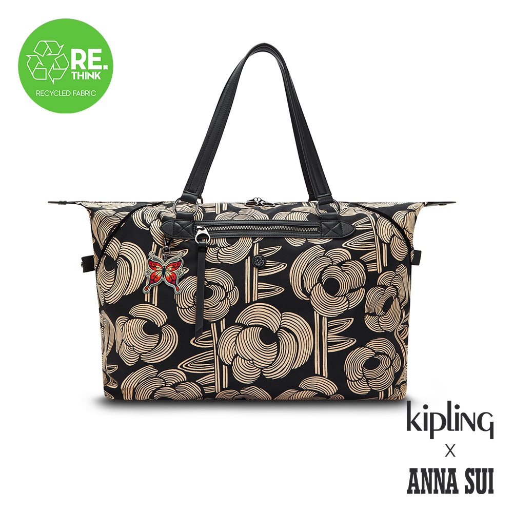 Kipling x ANNA SUI 復古黑金玫瑰印花手提側背包-ART M