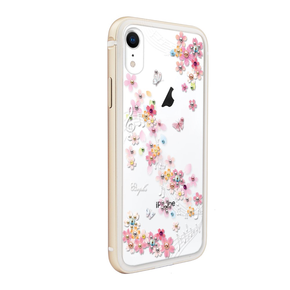 apbs iPhone XR 6.1吋施華彩鑽鋁合金屬框手機殼-金色彩櫻蝶舞