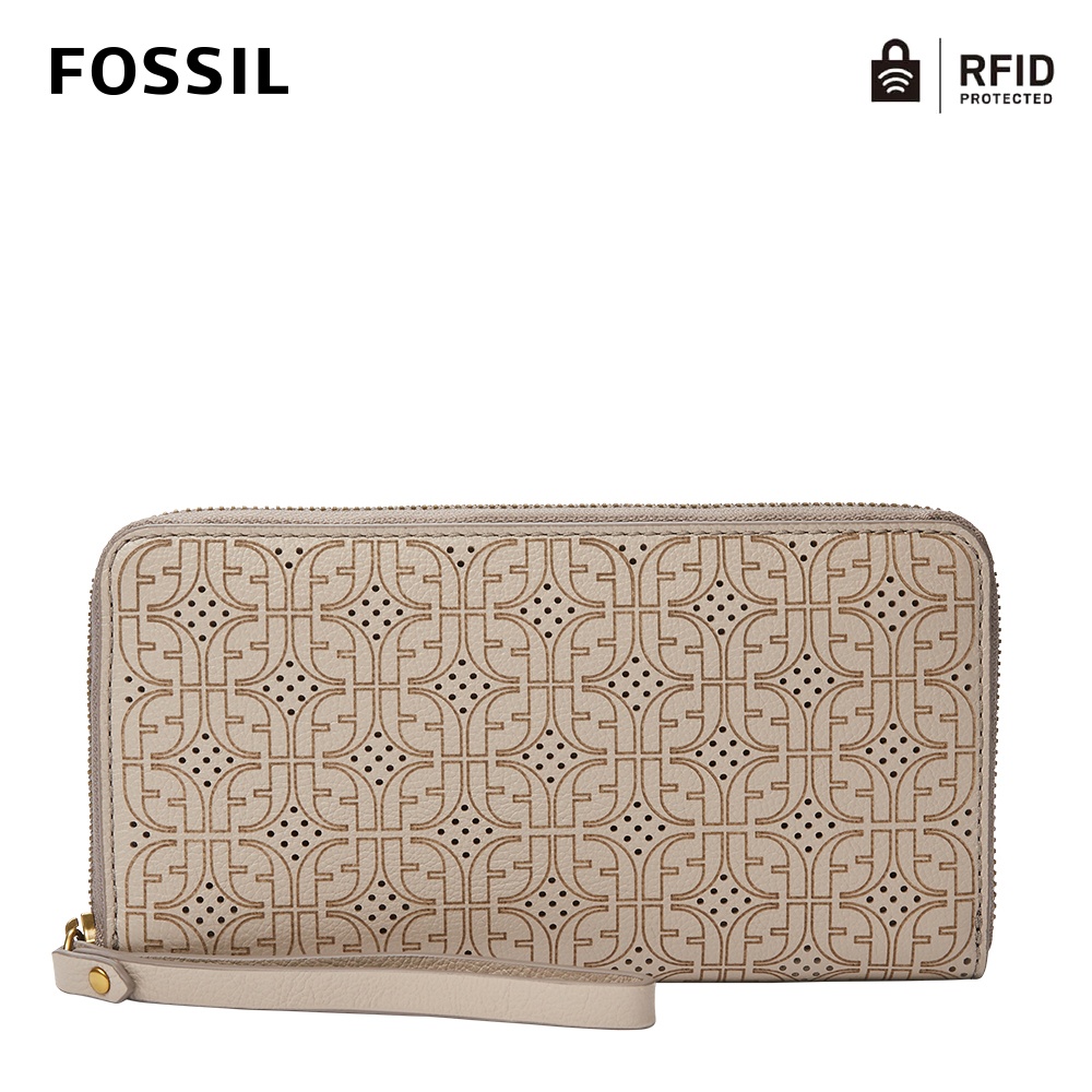 FOSSIL  真皮手環帶拉鍊式RFID防盜長夾-米灰色 SWL2614788
