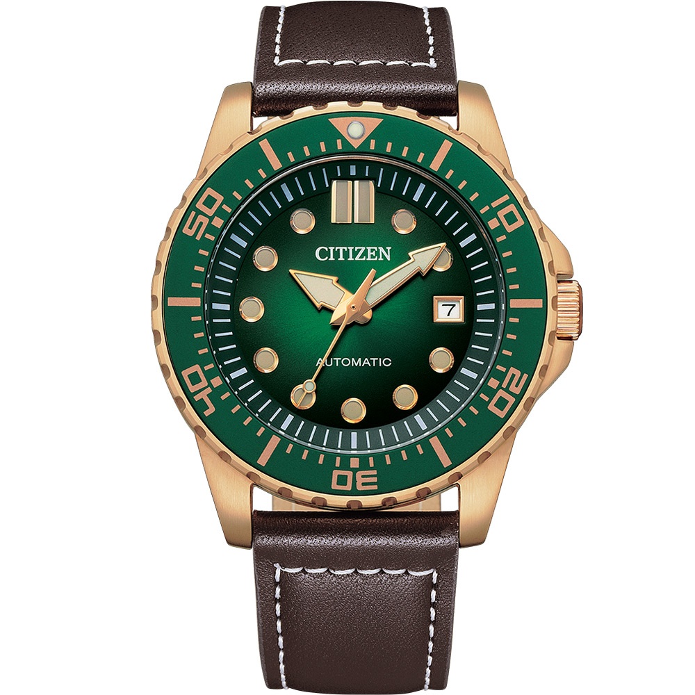 Citizen 星辰錶 綠面玫瑰金框自動上鍊機械皮革男錶 NJ0173-18X 錶徑43MM