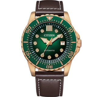 Citizen 星辰錶 綠面玫瑰金框自動上鍊機械皮革男錶 NJ0173-18X 錶徑43MM